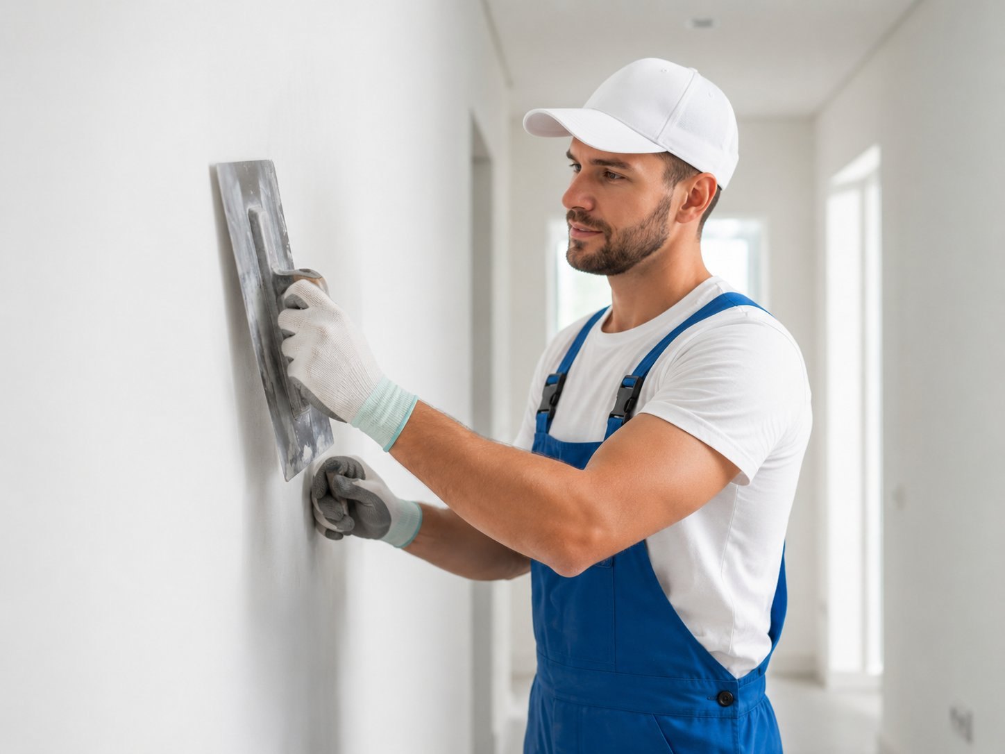 Stukadoor werkt aan een gladde wand